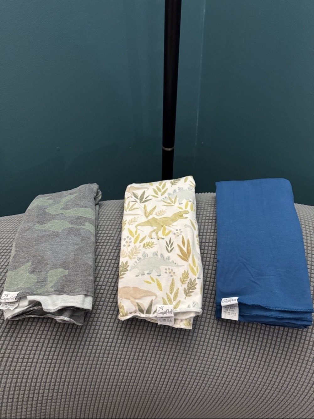 Copper Pearl- 3 Kids Swaddle Blankets- Camo, Dinosaurs, Blue- Gently Used.